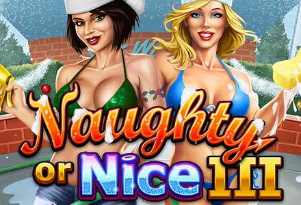 Naughty or Nice III Slot Game, Naughty Girl in green bikini and the nice girl in a blue bikini smiling