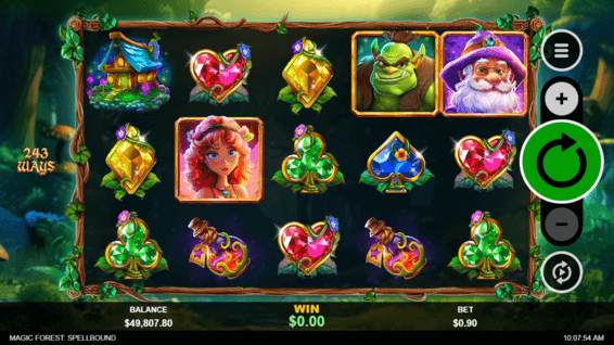 Magic Forest:Spellbound slot screenshot with the magical fairy, the ogre, potion and gem shaped low paying symbols