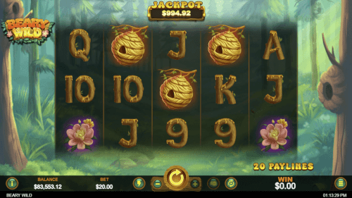 screenshot of the Beary Wild casino slot, an idyllic forest enviroment in the background and the slot field in the front with beehives, flowers and regular slot icons showing